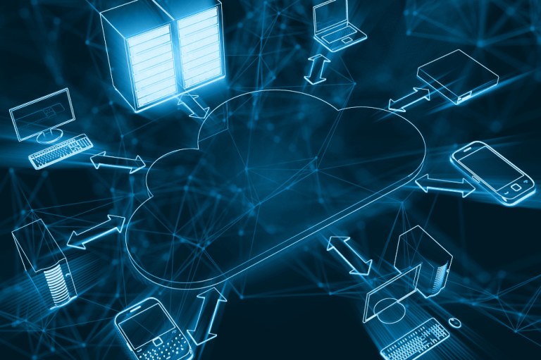 Cloud computing concept featuring interconnected devices, symbolizing digital connectivity and data sharing in Columbus.